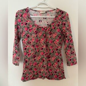 Vintage Danish Brand Jackpot Floral Scoop-Neck 3/4 Sleeve Tee in Pink and Gray